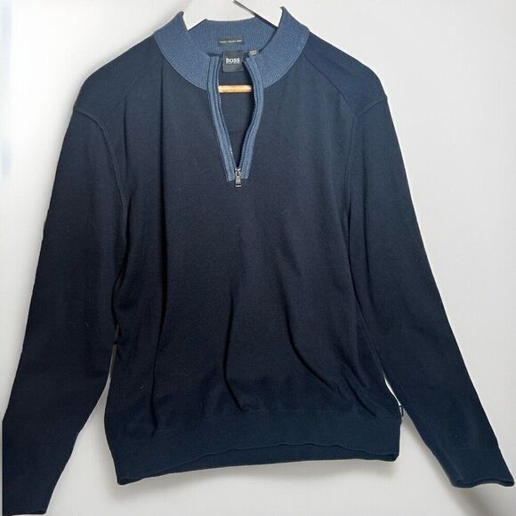 BOSS Mens Finest Italian Yarn M Sweater 1/4 Zip Blue        W - Picture 1 of 6
